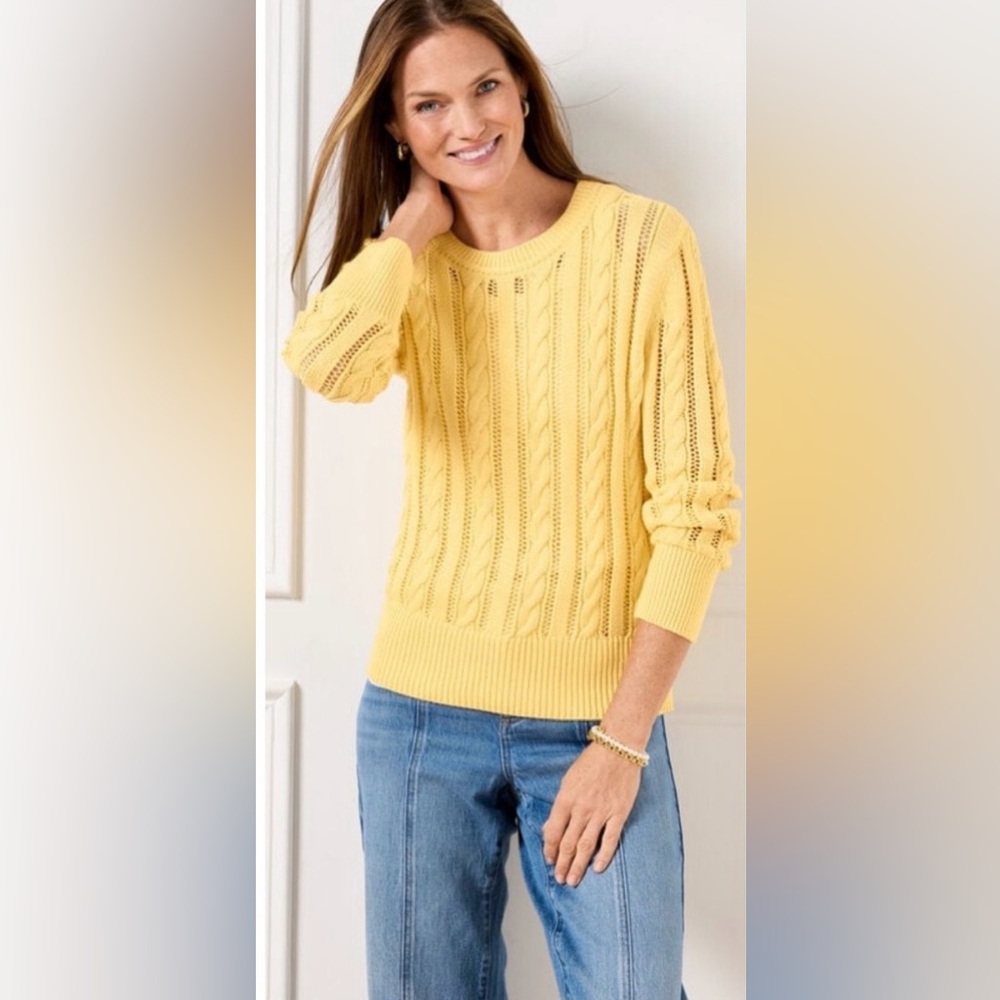 Talbots Cotton Sweater Yellow Cable Open Pointelle
Crew Neck XL